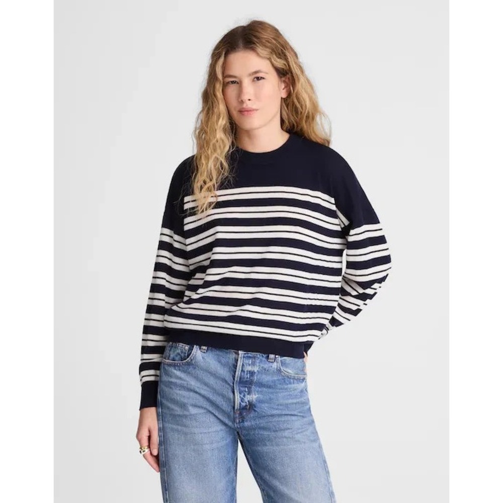 NWT Madewell Womens S Navy Ivory Drop-Shoulder Sweater in Merino Wool